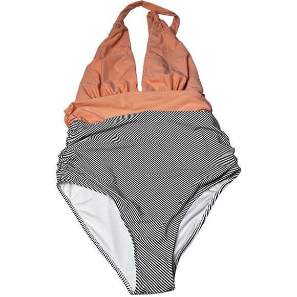 CUPSHE One Piece Swimsuit Womens XL Pink Black White Deep V-Neck Pool Swimming - Picture 2 of 6